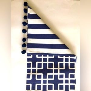 Navy/White Geometric/Stripes reversible table runner with Pompoms 14”W X 105”L